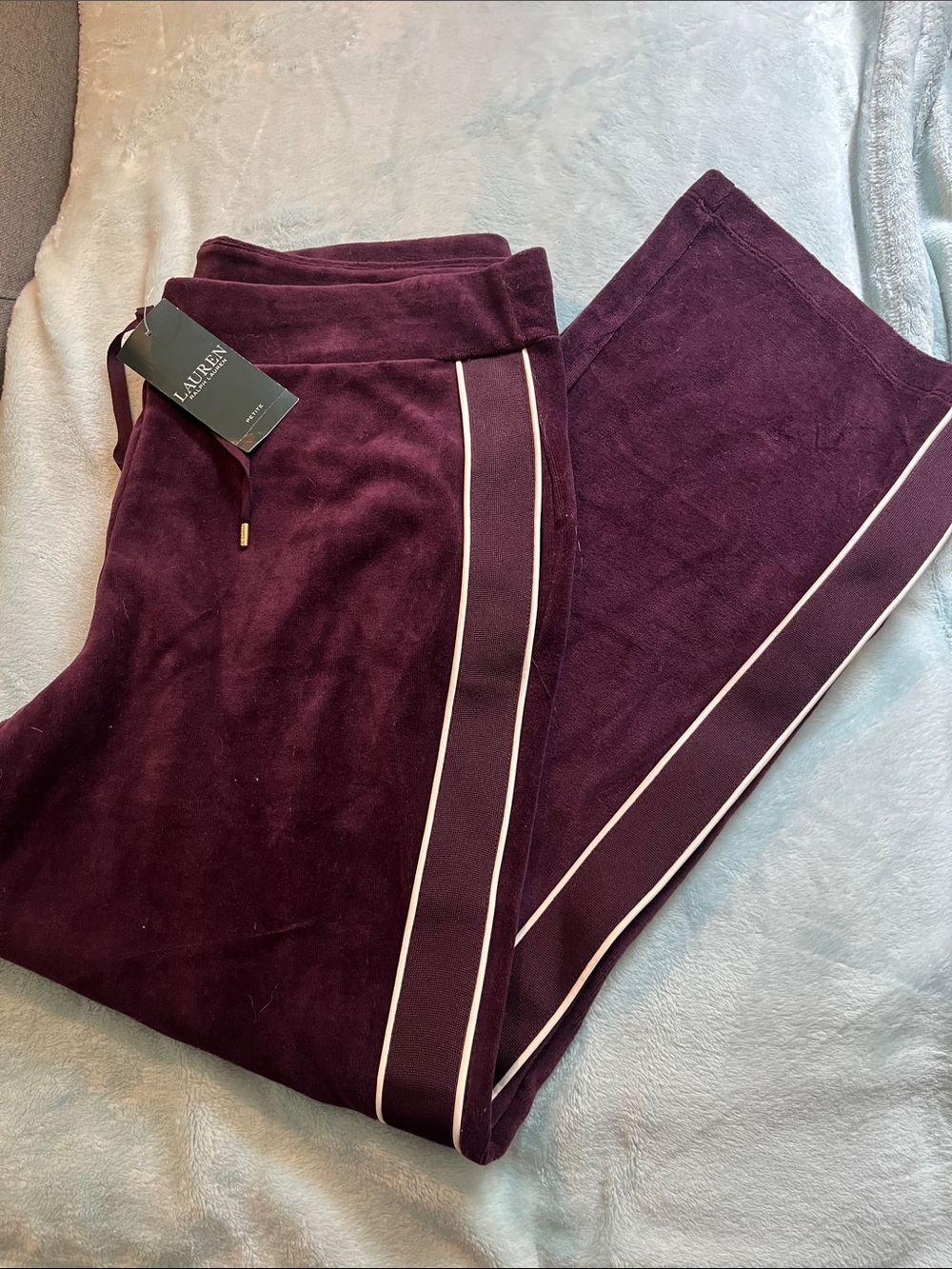 NWT Ralph Lauren petites Burgundy Velour track pants Sz PL wide leg